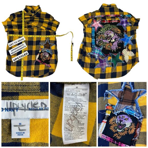 Flannel Shirt Women Large Yellow Tiger Grunge Camp Rock Country Upcycled Crochet - Picture 11 of 16
